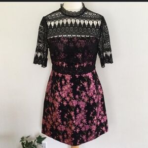 Topshop chic embroidered pink cherry blossom minidress w/ vintage black lace XS